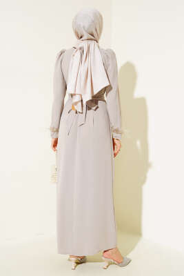 Kol Ucu Tüylü Kemerli Elbise Taş - Tesettür Elbise