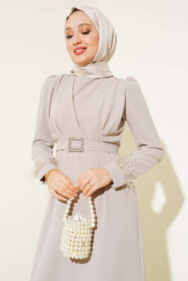 Kol Ucu Tüylü Kemerli Elbise Taş - Tesettür Elbise