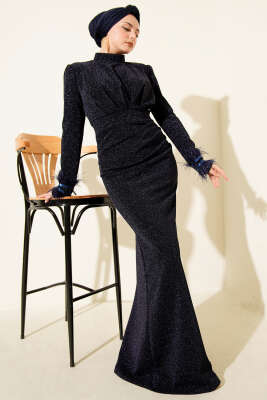 Kol Ucu Tüylü Simli Abiye Elbise Lacivert - CNR TEKSTİL