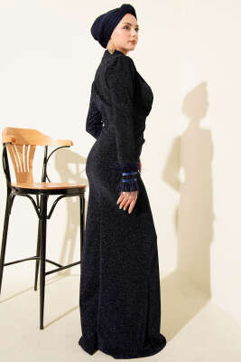 Kol Ucu Tüylü Simli Abiye Elbise Lacivert - Elbise