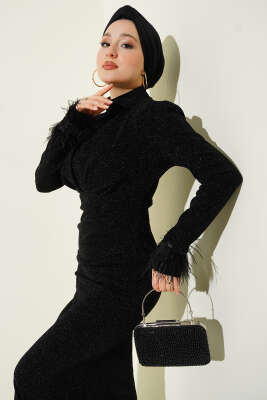 Kol Ucu Tüylü Simli Abiye Elbise Siyah - Elbise