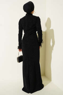 Kol Ucu Tüylü Simli Abiye Elbise Siyah - Elbise