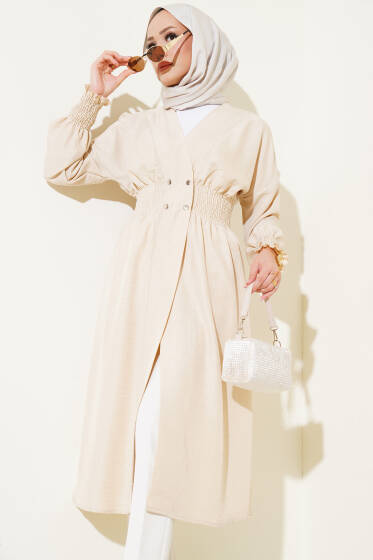 Kol Ve Bel Büzgülü Patlı Hırka Bej - Hırka