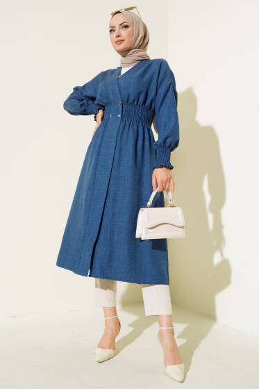 Kol Ve Bel Büzgülü Patlı Hırka İndigo - Hırka