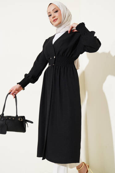 Kol Ve Bel Büzgülü Patlı Hırka Siyah - Hırka