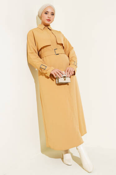 Kol ve Bel Kuşaklı Uzun Trençkot Camel - Trençkot