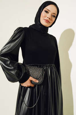 Kol ve Etek Deri Detaylı Elbise Siyah - Thumbnail