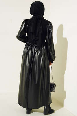 Kol ve Etek Deri Detaylı Elbise Siyah - Thumbnail