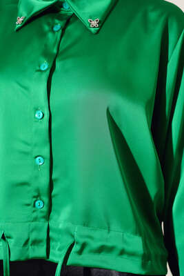 Kol Ve Etek Ucu Bağcıklı Saten Gömlek Yeşil - Thumbnail