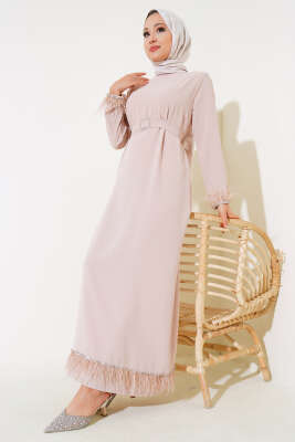 Kol ve Etek Ucu Tüylü Elbise Bej - ESSE