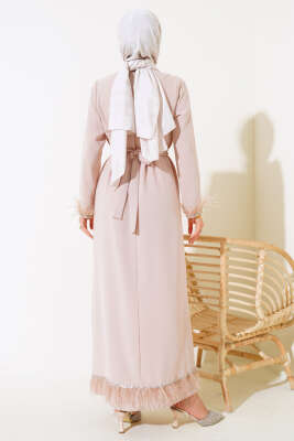 Kol ve Etek Ucu Tüylü Elbise Bej - Tesettür Elbise