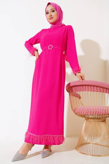 	 Kol ve Etek Ucu Tüylü Elbise Fuşya - Elbise
