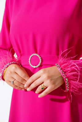 	 Kol ve Etek Ucu Tüylü Elbise Fuşya - Tesettür Elbise