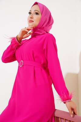	 Kol ve Etek Ucu Tüylü Elbise Fuşya - Tesettür Elbise