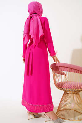 	 Kol ve Etek Ucu Tüylü Elbise Fuşya - Tesettür Elbise