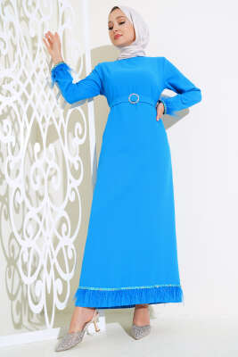 	 Kol ve Etek Ucu Tüylü Elbise Mavi 