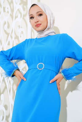 	 Kol ve Etek Ucu Tüylü Elbise Mavi - Tesettür Elbise