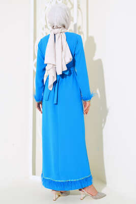 	 Kol ve Etek Ucu Tüylü Elbise Mavi - Tesettür Elbise