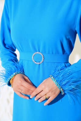 	 Kol ve Etek Ucu Tüylü Elbise Mavi - Tesettür Elbise