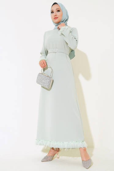 	 Kol ve Etek Ucu Tüylü Elbise Mint - Elbise