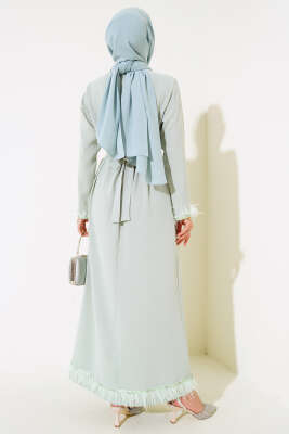 	 Kol ve Etek Ucu Tüylü Elbise Mint - Tesettür Elbise