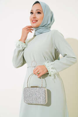 	 Kol ve Etek Ucu Tüylü Elbise Mint - Tesettür Elbise