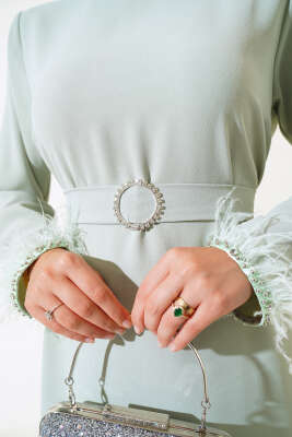 	 Kol ve Etek Ucu Tüylü Elbise Mint - Tesettür Elbise