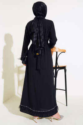 Kol ve Etek Ucu Tüylü Elbise Siyah - Tesettür Elbise