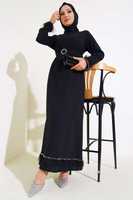 Kol ve Etek Ucu Tüylü Elbise Siyah - Tesettür Elbise