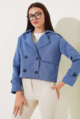 Kol ve Omuz Apoletli Kısa Ceket İndigo - Kadın Giyim Modelleri