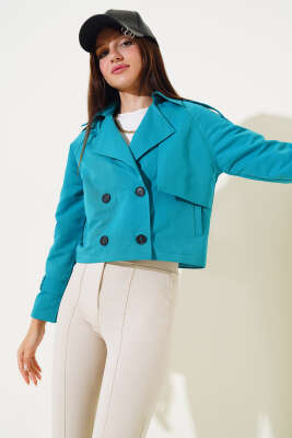 Kol ve Omuz Apoletli Kısa Ceket Petrol Yeşili - Kadın Giyim Modelleri