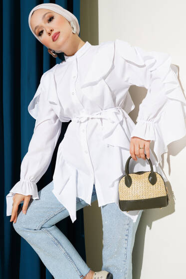 Kol ve Omuz Fırfırlı Gömlek Beyaz - Gömlek