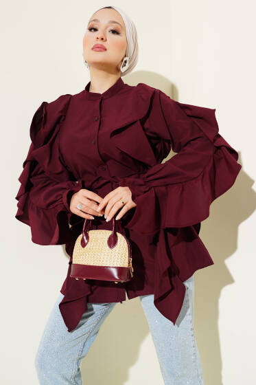 Kol ve Omuz Fırfırlı Gömlek Bordo - Gömlek