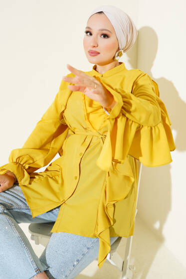 Kol ve Omuz Fırfırlı Gömlek Hardal - Gömlek