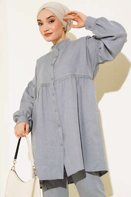 Kol Ve Önü Dantelli Keten İkili Takım Gri - İKİLİ TAKIM