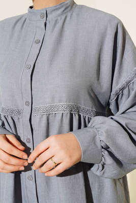 Kol Ve Önü Dantelli Keten İkili Takım Gri - İKİLİ TAKIM