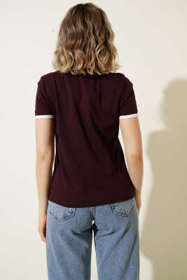 Kol Ve Yaka Biyeli Yazılı T-shirt Bordo - Kadın Giyim Modelleri