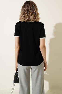 Kol Ve Yaka Biyeli Yazılı T-shirt Siyah - Kadın Giyim Modelleri