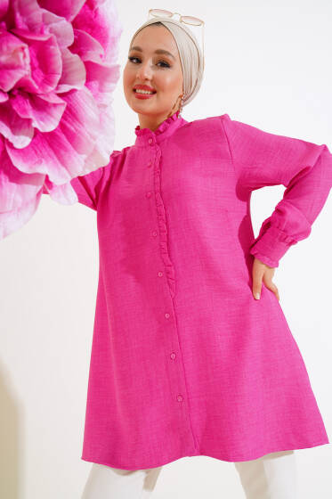 Kol ve Yaka Fırfır Detaylı Gömlek Fuşya - Gömlek