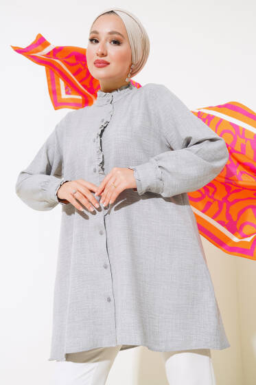 Kol ve Yaka Fırfır Detaylı Gömlek Gri - Gömlek