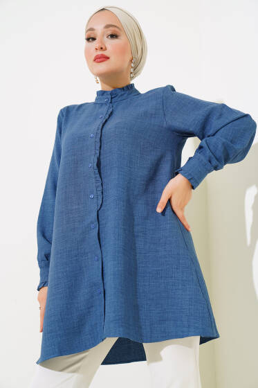 Kol ve Yaka Fırfır Detaylı Gömlek İndigo - Gömlek