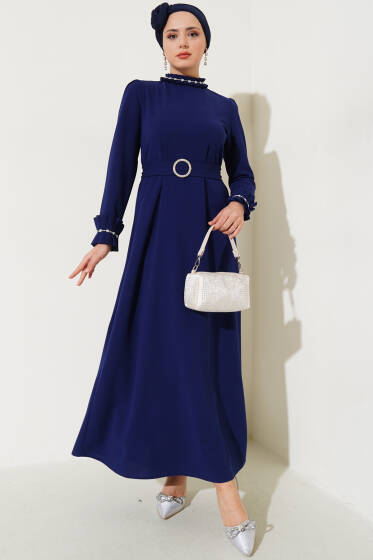 Kol ve Yaka Pliseli Taşlı Elbise Lacivert - Elbise