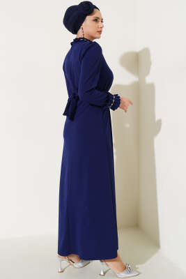 Kol ve Yaka Pliseli Taşlı Elbise Lacivert - Tesettür Elbise