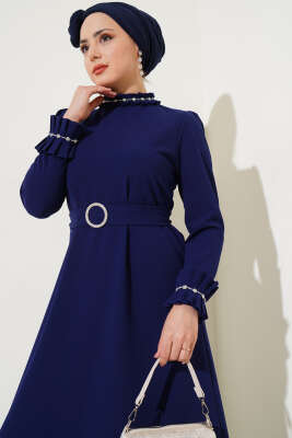 Kol ve Yaka Pliseli Taşlı Elbise Lacivert - Tesettür Elbise