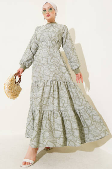 Kol ve Yaka Ribanalı Desenli Elbise Haki - Elbise