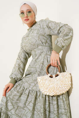 Kol ve Yaka Ribanalı Desenli Elbise Haki - Tesettür Elbise
