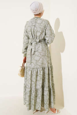 Kol ve Yaka Ribanalı Desenli Elbise Haki - Tesettür Elbise