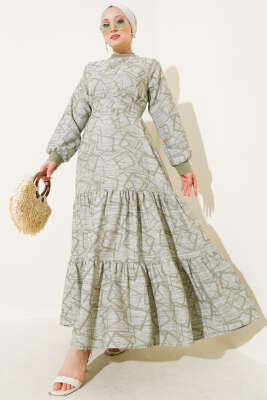 Kol ve Yaka Ribanalı Desenli Elbise Haki 