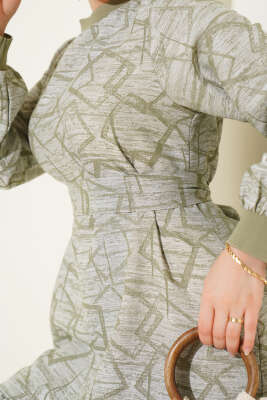 Kol ve Yaka Ribanalı Desenli Elbise Haki - Tesettür Elbise