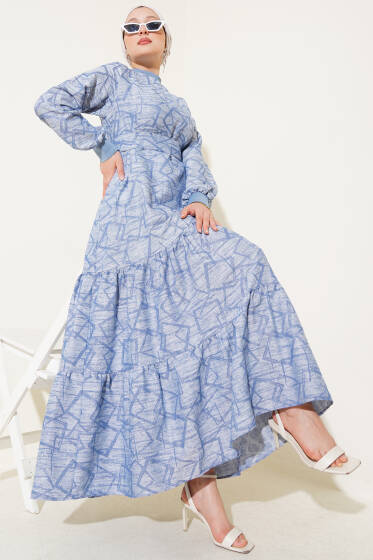 Kol ve Yaka Ribanalı Desenli Elbise Indıgo - Elbise